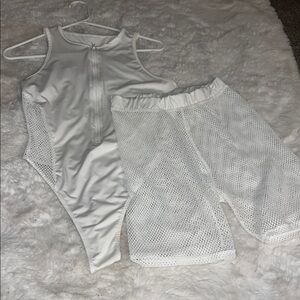 White Mesh Bodysuit and Shorts Set